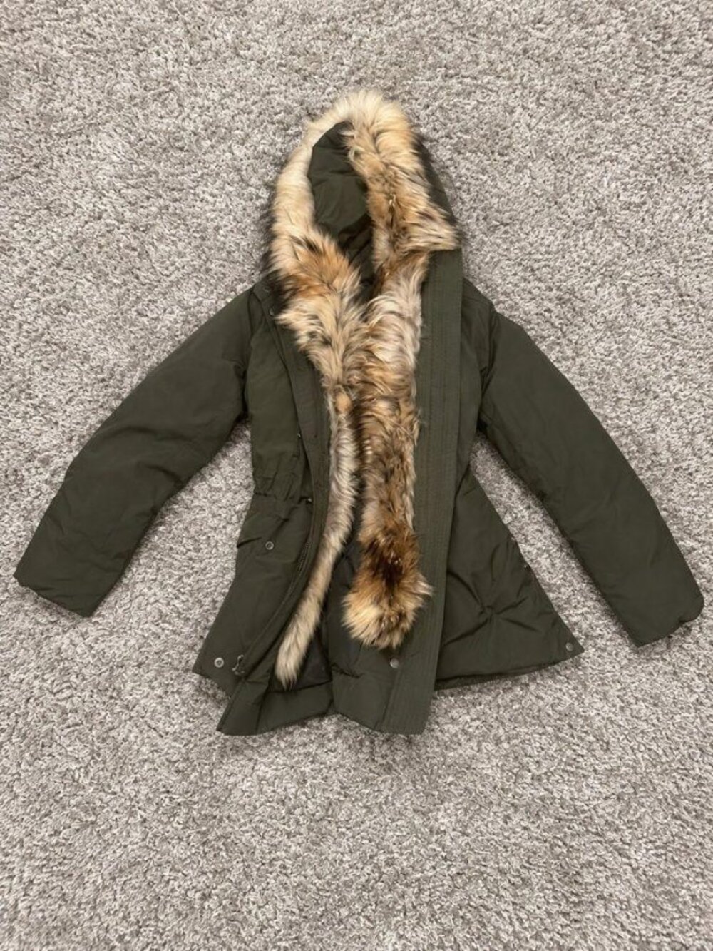 Woolrich John Rich Bros Women’s Olive Parka Size 12 Real Fur Trim Hood
